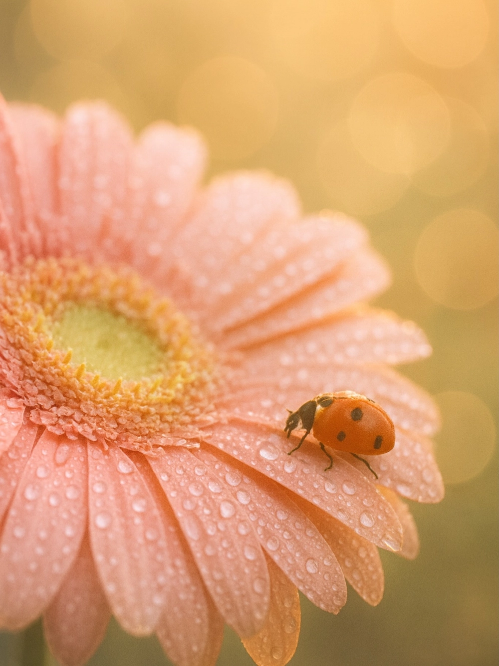 Con bọ rùa nhỏ xinh đậu trên cánh hoa cúc Gerbera màu hồng đào còn đọng những giọt sương