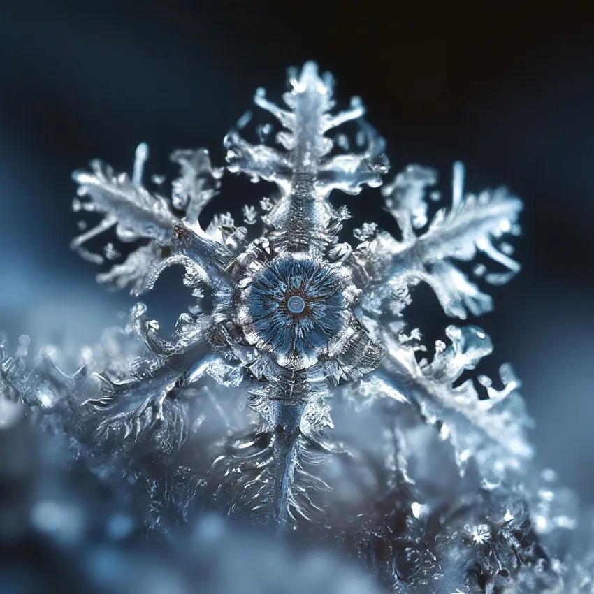 Tinh thể băng nổi bật đầy mê hoặc trong chụp bông tuyết chi tiết