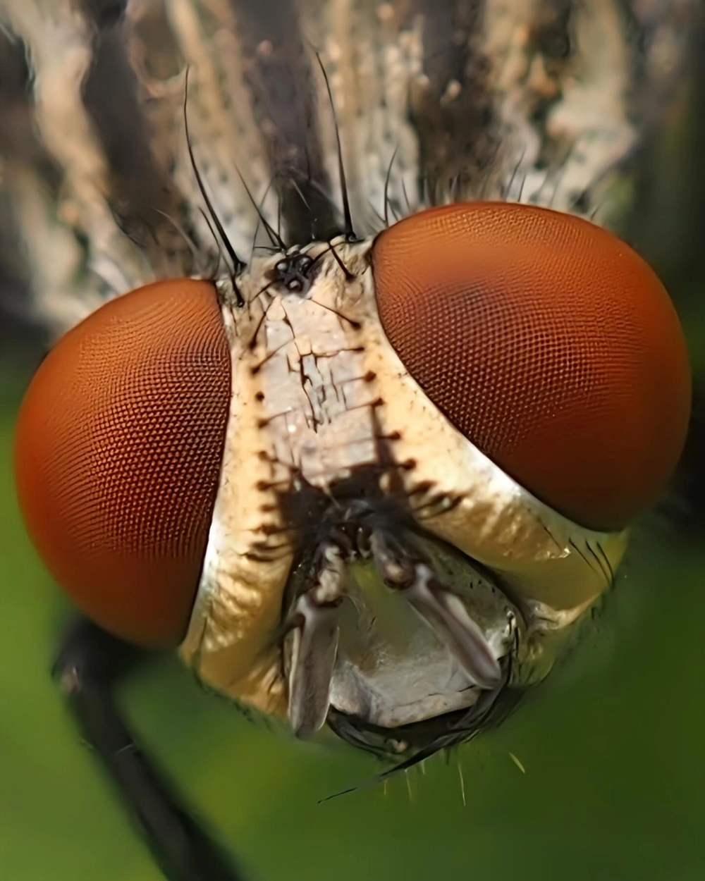 Màu sắc rực rỡ của mắt chuồn chuồn tương phản với nền xanh lá