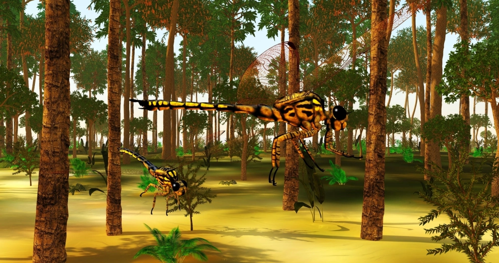 Hình ảnh đồ họa hai con chuồn chuồn khổng lồ màu vàng đen đang bay giữa khu rừng rậm rạp với thân cây cao