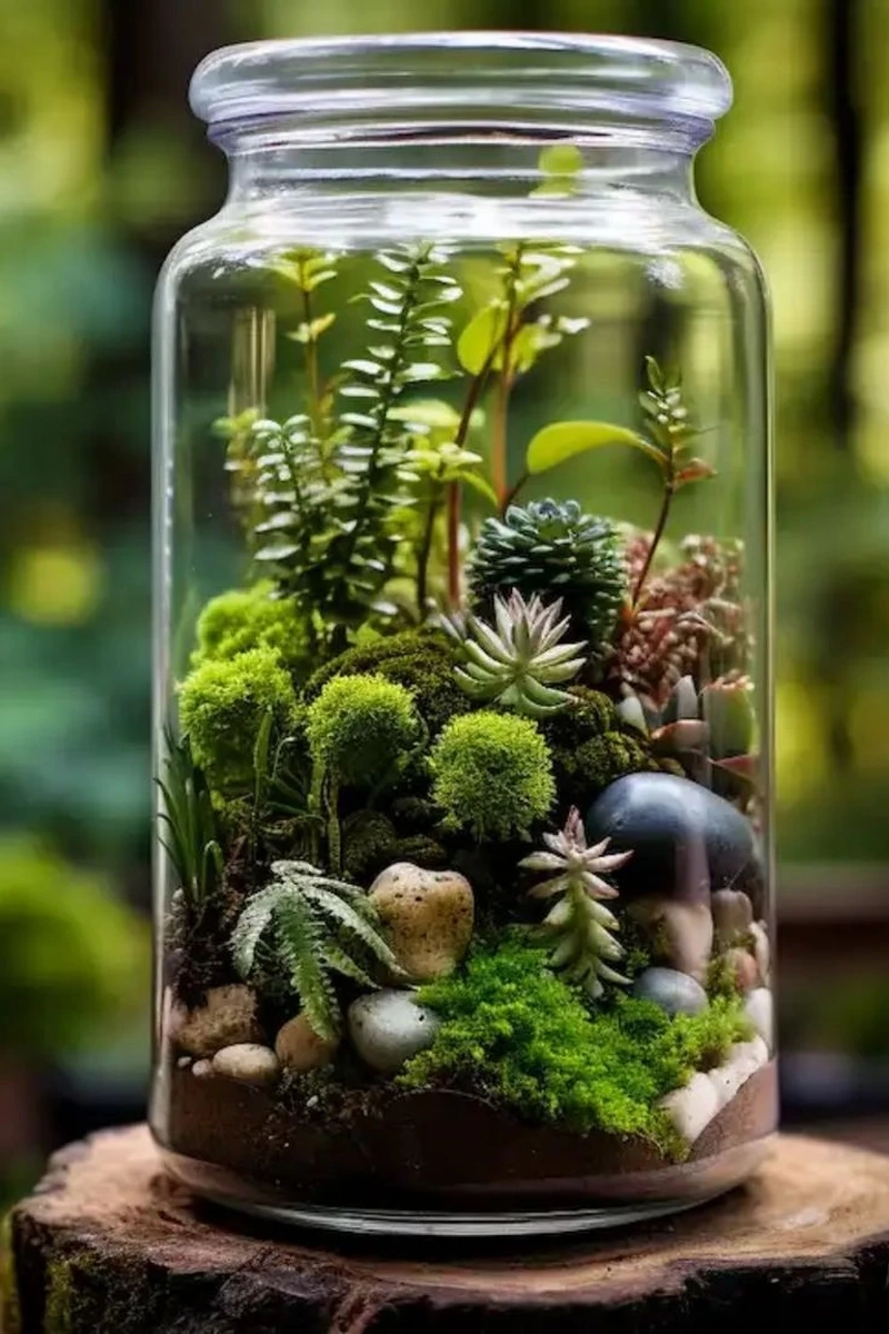 Rêu xanh sống động trong tiểu cảnh trong hũ thủy tinh rêu