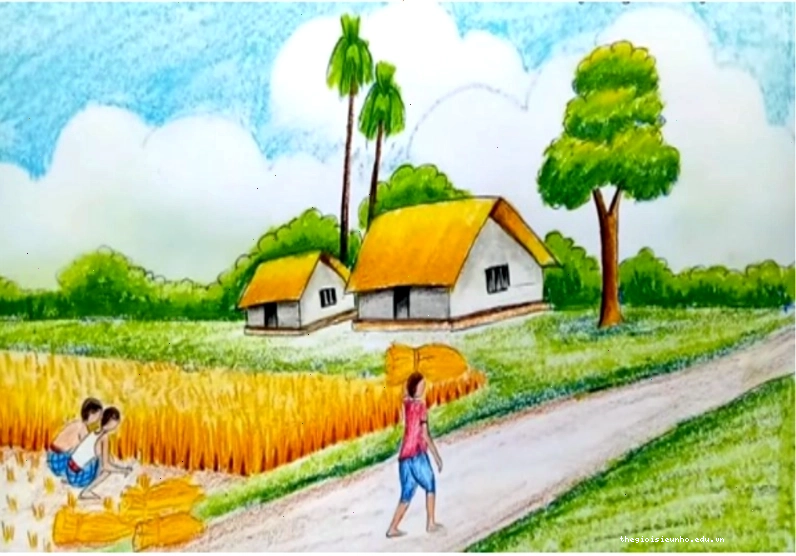Bé vẽ khung cảnh đơn giản với mặt trời và ngôi nhà