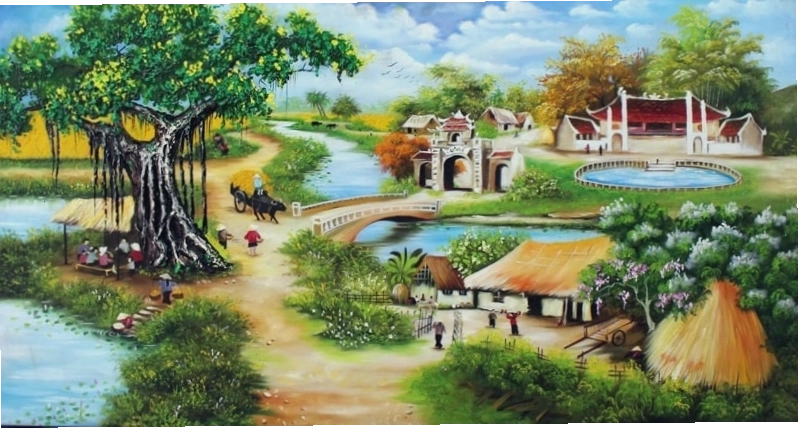 Bức tranh phong cảnh làng quê bình yên với con đường đất và lũy tre