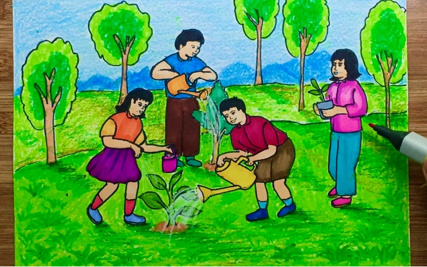 Cả gia đình cùng nhau trồng cây xanh