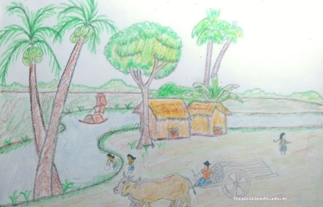 Cảnh làng quê thanh bình trong tranh vẽ phong cảnh thiên nhiên lớp 7