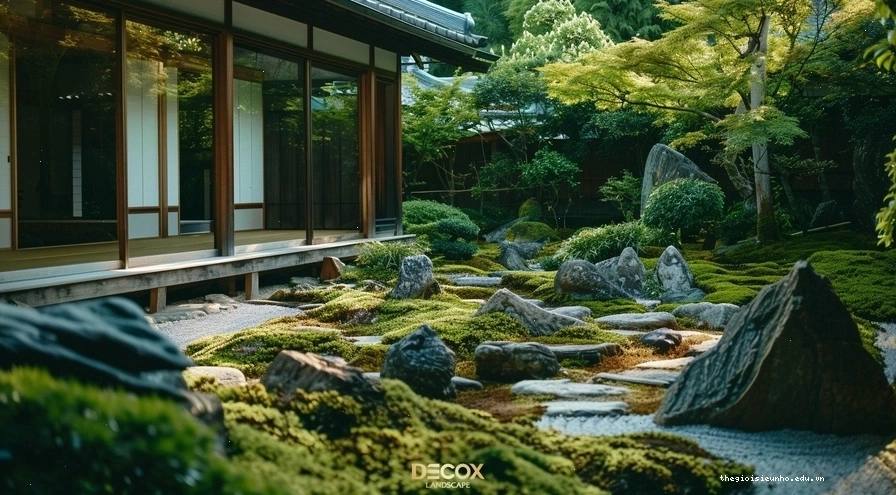 Cảnh quan sân vườn với thảm cỏ xanh mướt và hoa rực rỡ
