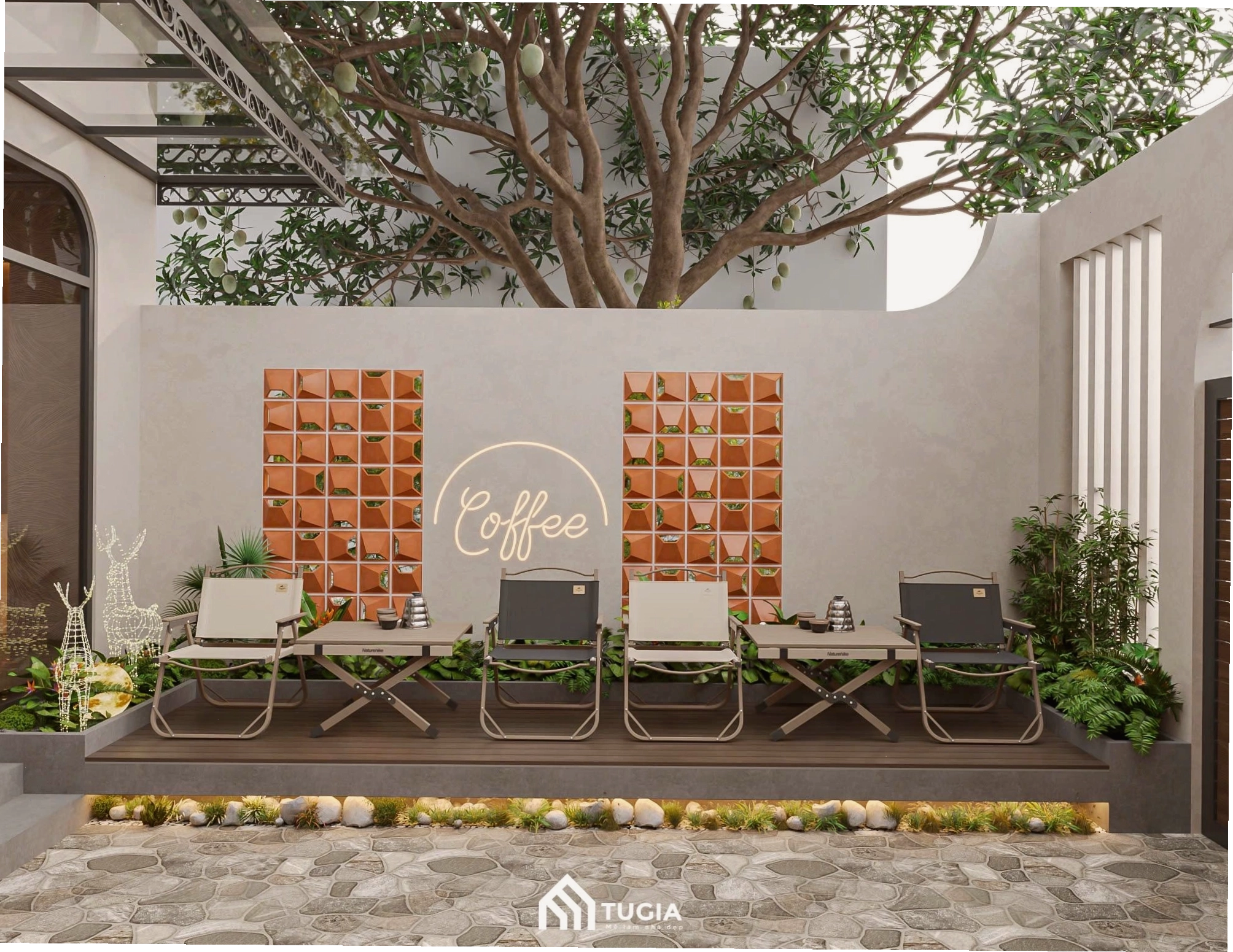 Cây xanh trong thiết kế quán cafe nhỏ