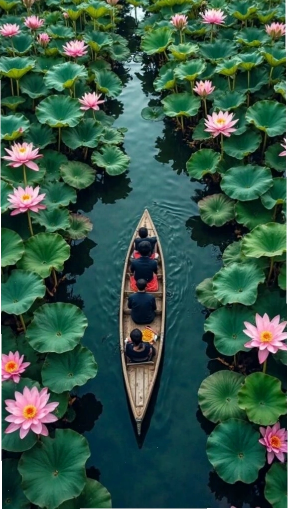 Chiếc thuyền giữa hồ sen nở rực rỡ, một cảnh tượng lãng mạn cho hình nền điện thoại