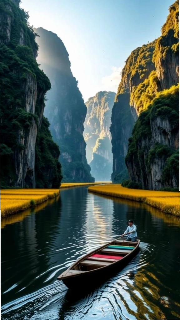 Chiếc thuyền nhỏ trôi giữa hẻm núi và dòng nước