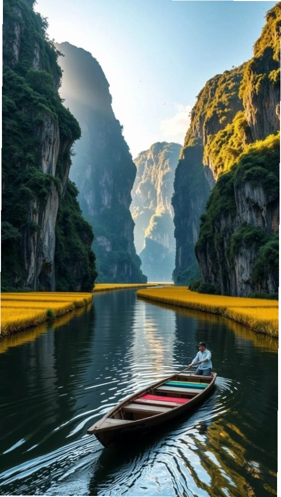 Chiếc thuyền nhỏ trôi giữa hẻm núi và dòng nước