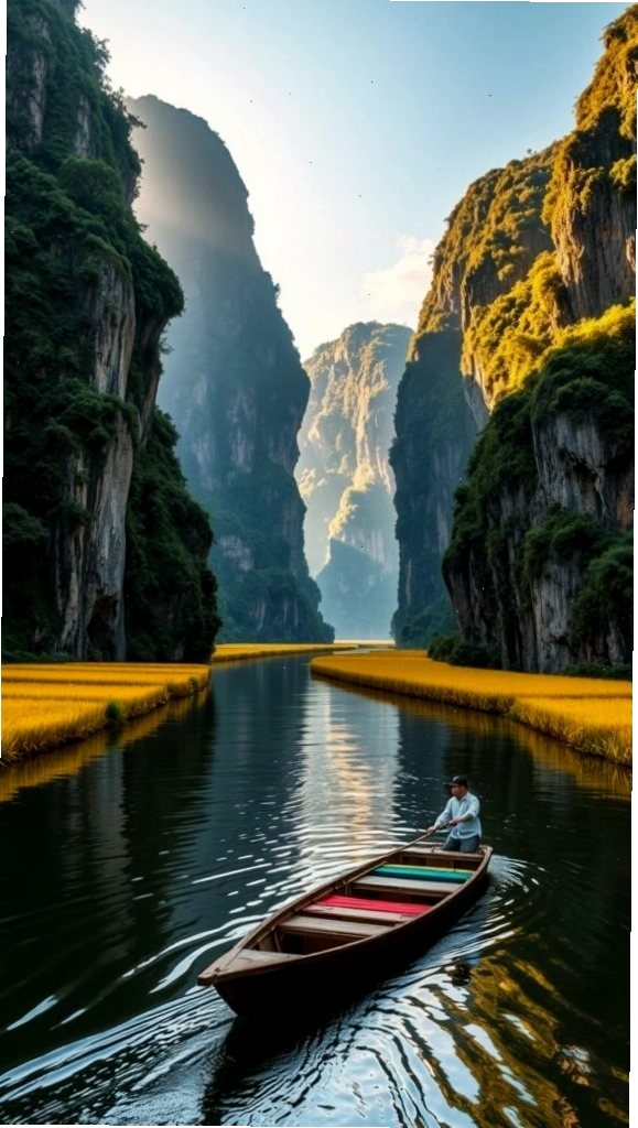 Chiếc thuyền nhỏ trôi giữa hẻm núi và dòng nước, tạo cảm giác phiêu lưu cho hình nền điện thoại