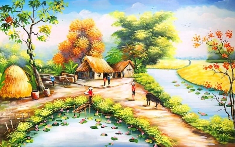 Con đường làng quê với hai hàng cây xanh mát
