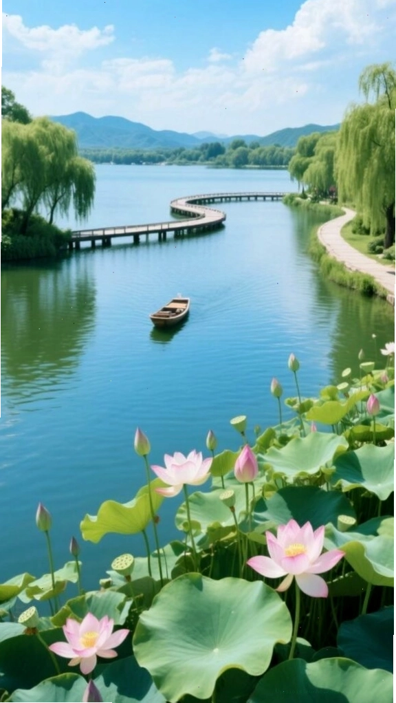 Con đường ven hồ yên bình giữa hàng cây xanh