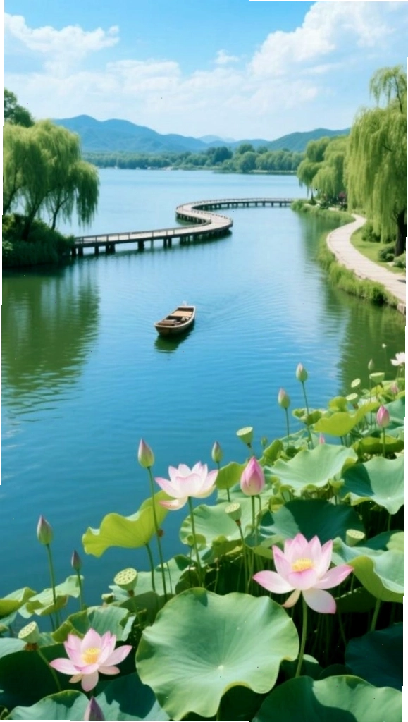Con đường ven hồ yên bình giữa hàng cây xanh