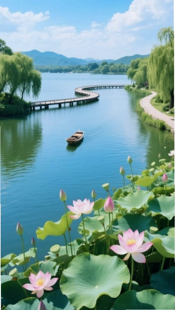 Con đường ven hồ yên bình với hàng cây xanh mướt hai bên