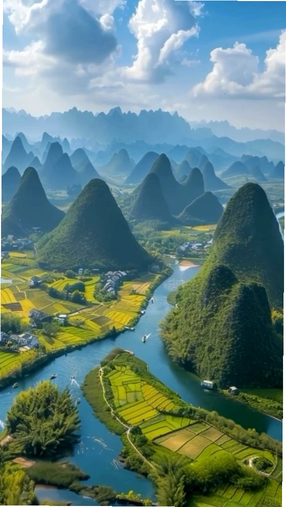 Dòng sông uốn lượn qua thung lũng núi đá xanh hùng vĩ