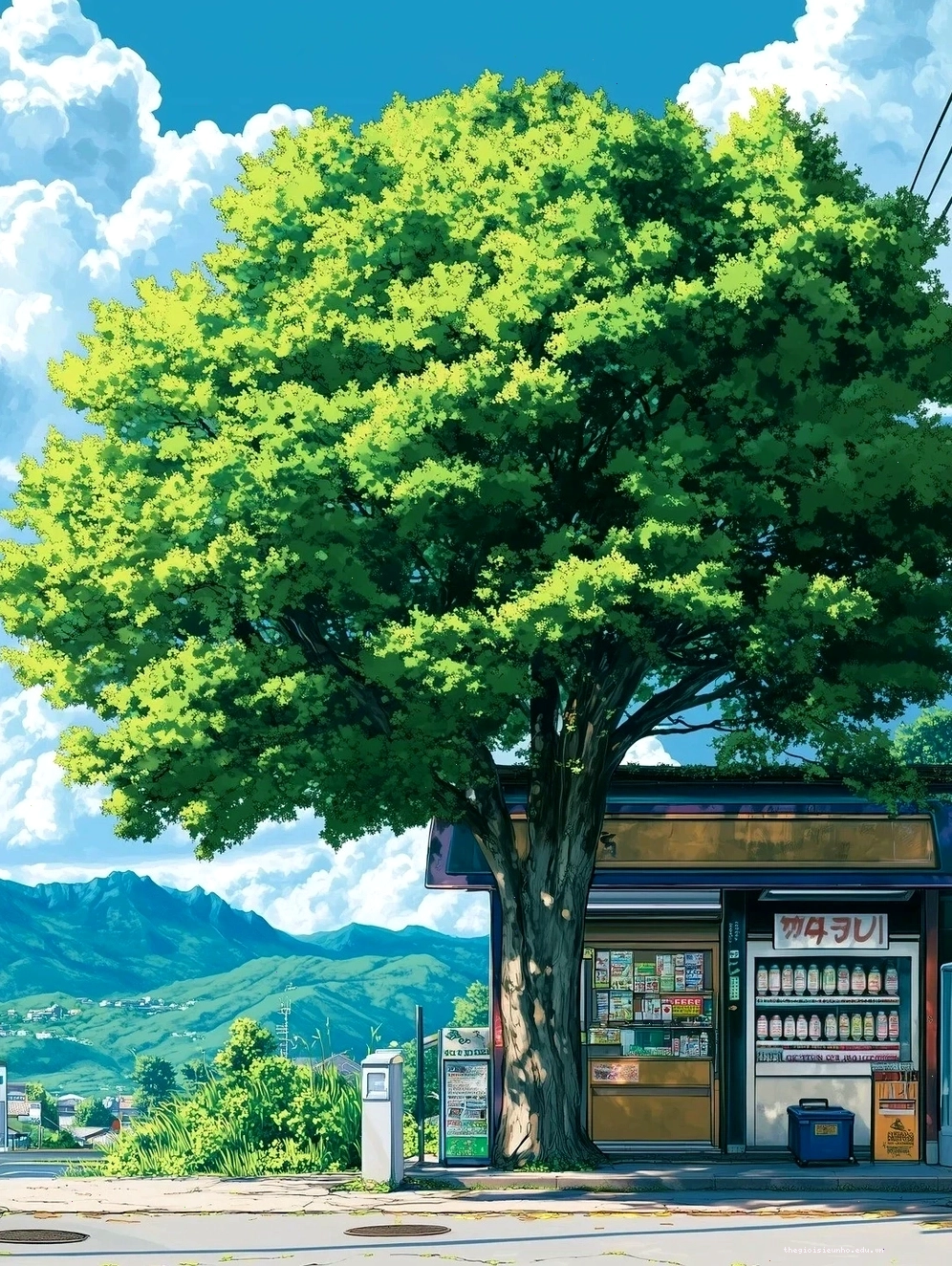 Góc phố anime yên tĩnh với đèn đường lung linh