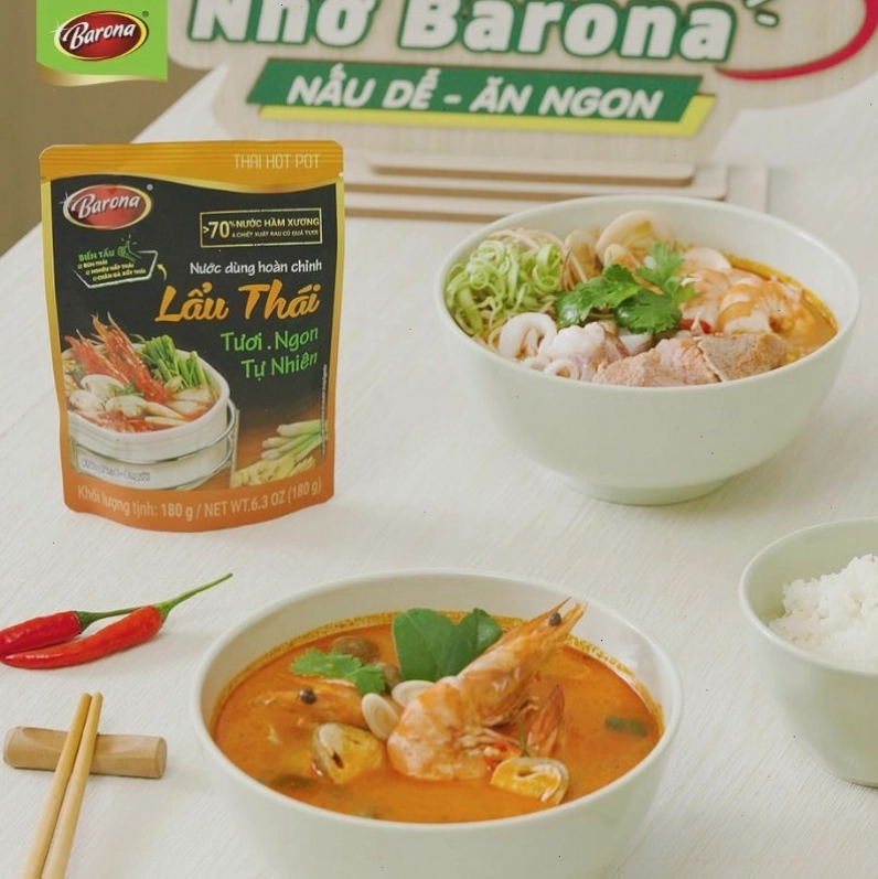 Gói nước lẩu Thái Barona với bao bì bắt mắt