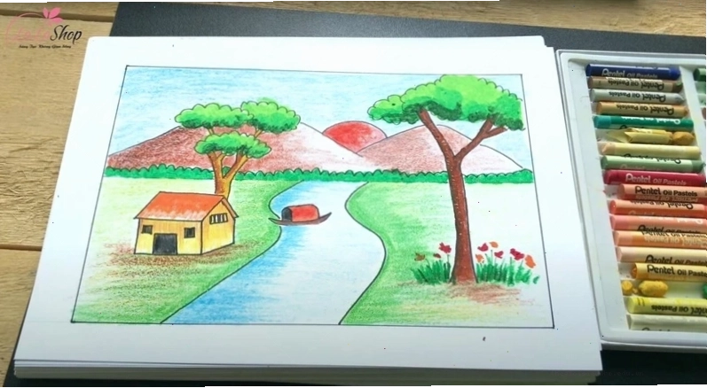 Hoàn thiện tô màu chi tiết cho tranh phong cảnh núi miền quê