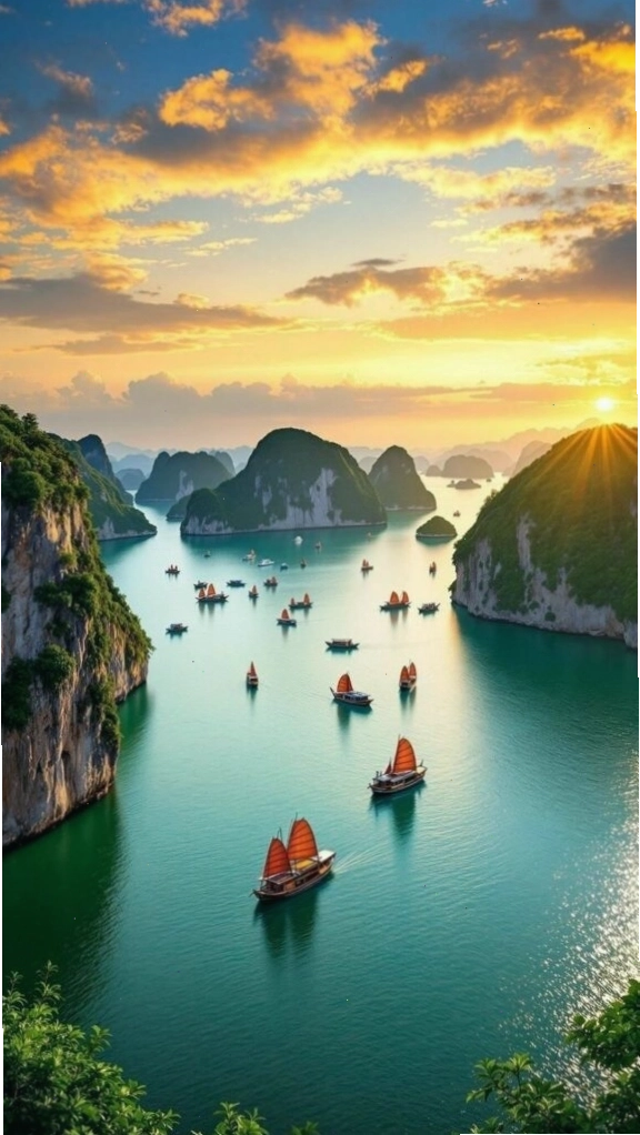 Hoàng hôn rực rỡ nhuộm màu vịnh biển và những dãy núi đá