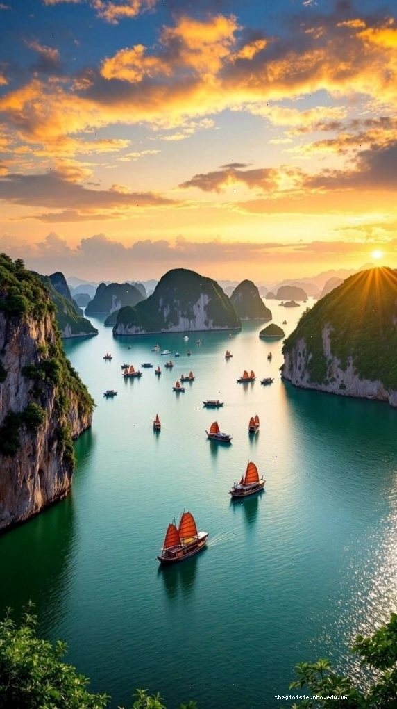 Hoàng hôn rực sáng trên vịnh biển và núi đá
