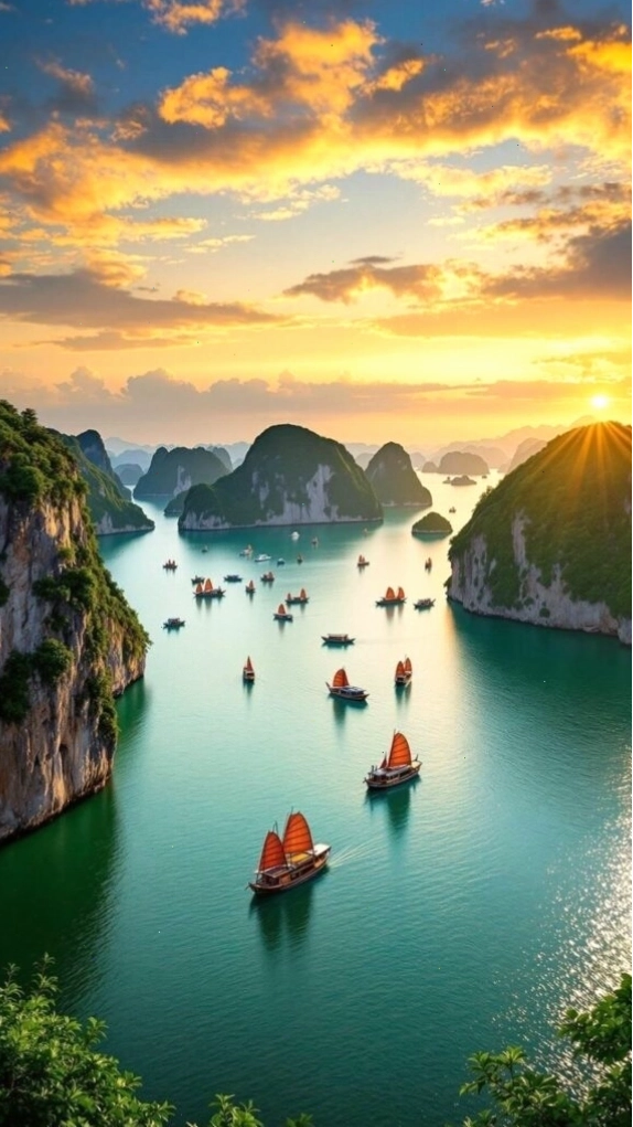 Hoàng hôn rực sáng trên vịnh biển và núi đá