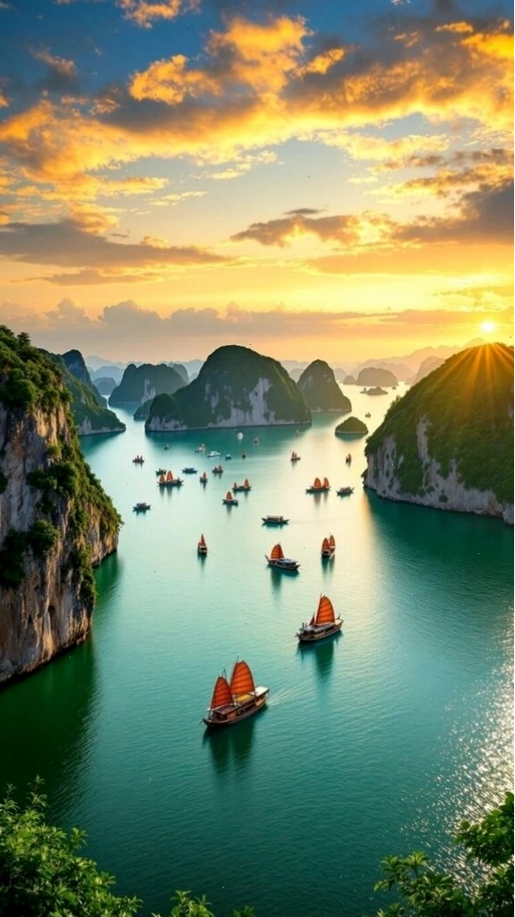 Hoàng hôn rực sáng trên vịnh biển và núi đá