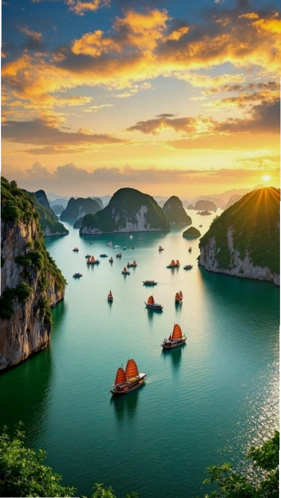 Hoàng hôn rực sáng trên vịnh biển và núi đá, một cảnh tượng hùng vĩ cho hình nền điện thoại