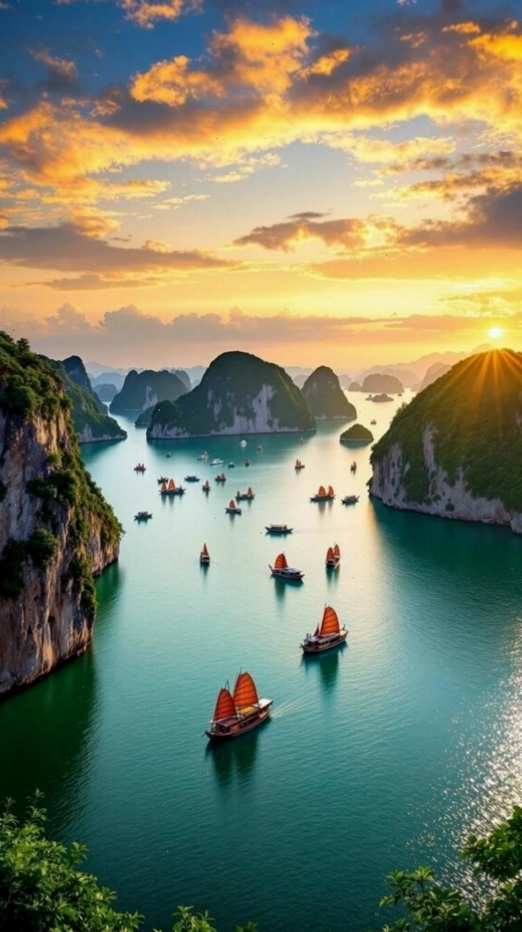 Hoàng hôn rực sáng trên vịnh biển và núi đá trong gam màu tối ấn tượng
