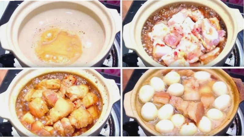 Kho thịt và trứng trên lửa nhỏ