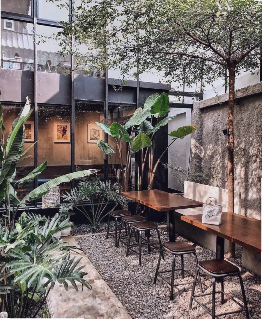 Không gian quán cafe sân vườn với nhiều cây xanh và ánh sáng tự nhiên
