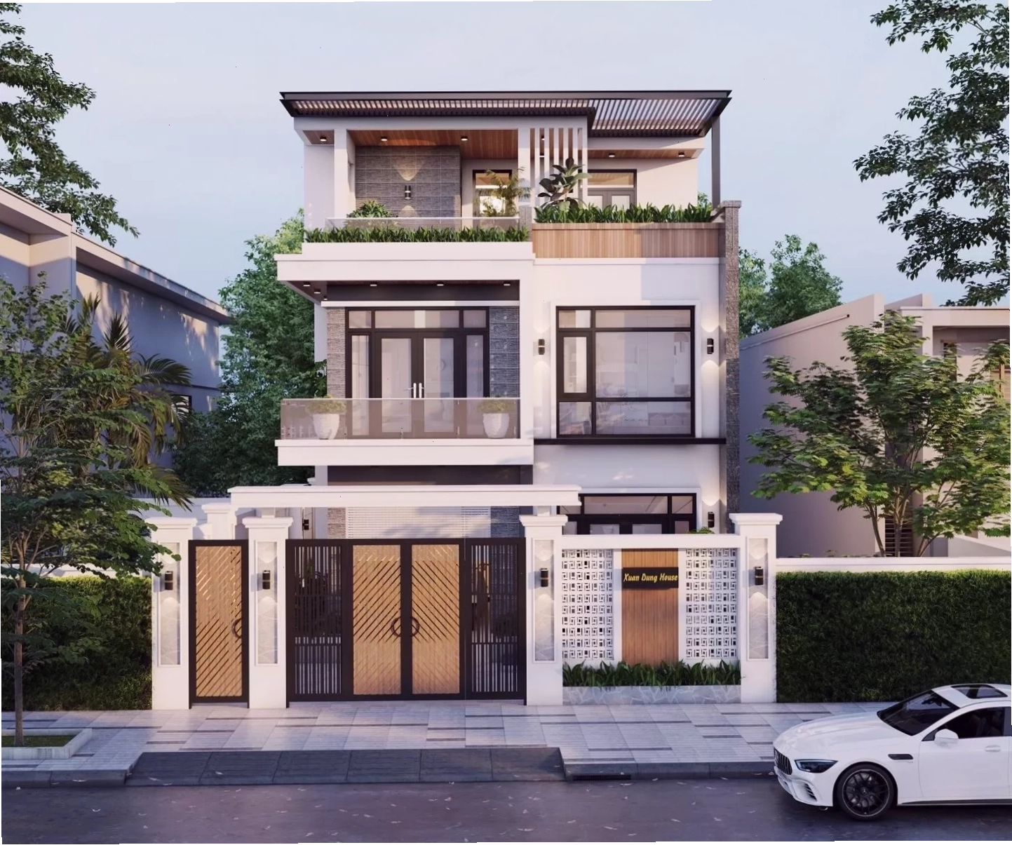 Kiểu nhà 3 tầng được xây dựng theo phong cách villa sang trọng