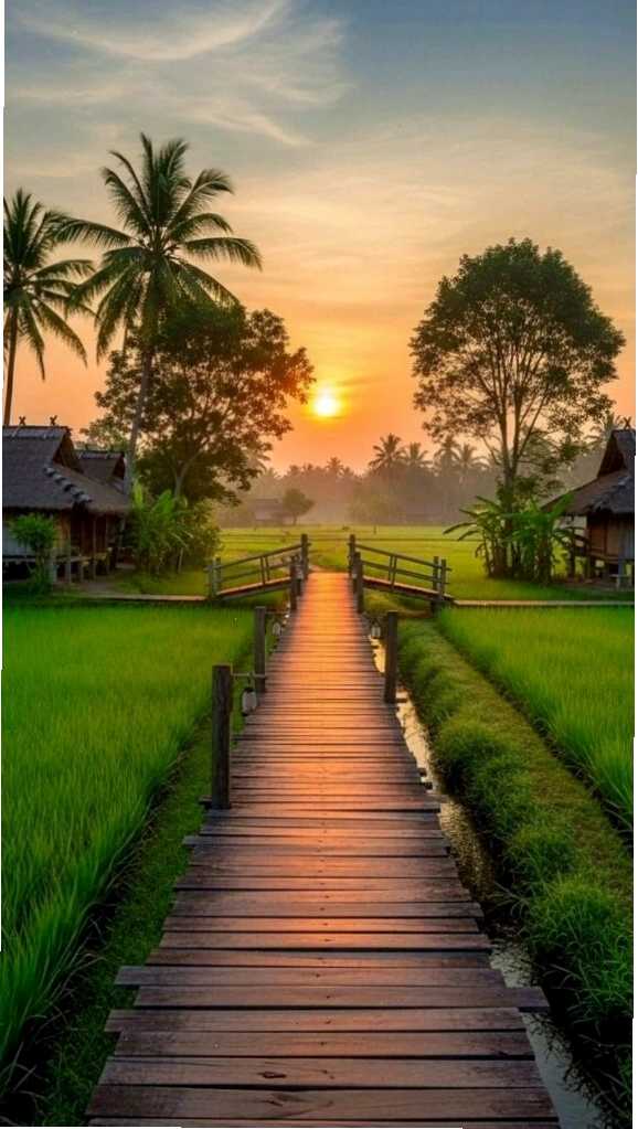 Lối gỗ nhỏ giữa cánh đồng xanh dưới ánh hoàng hôn
