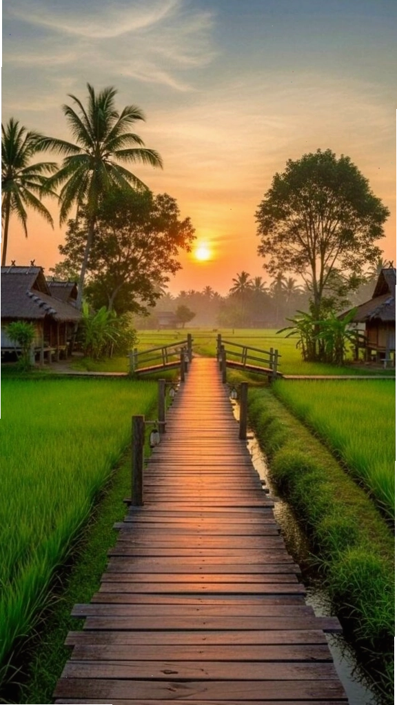 Lối gỗ nhỏ giữa cánh đồng xanh dưới ánh hoàng hôn