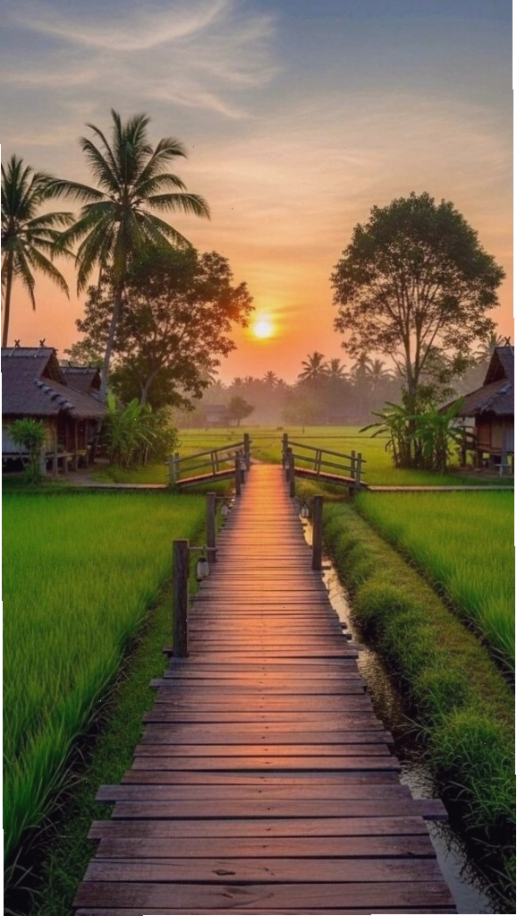 Lối gỗ nhỏ giữa cánh đồng xanh dưới ánh hoàng hôn ấm áp