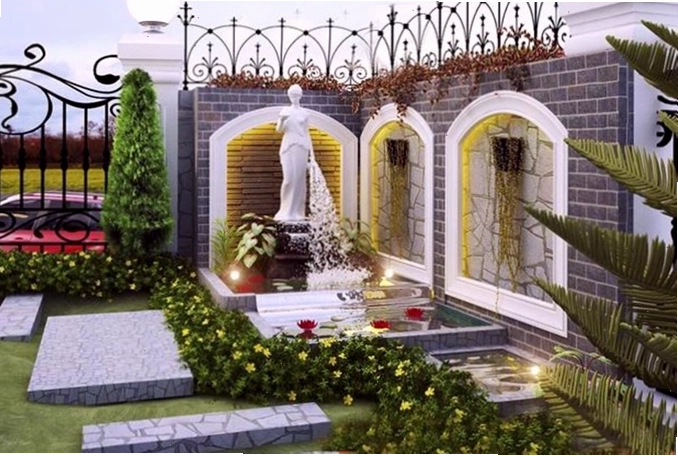 Mẫu cảnh kết hợp với tượng đài đá phun nước