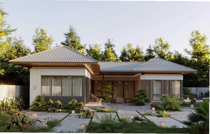 Mẫu nhà vườn phong cách Tropical với hồ bơi và cây xanh