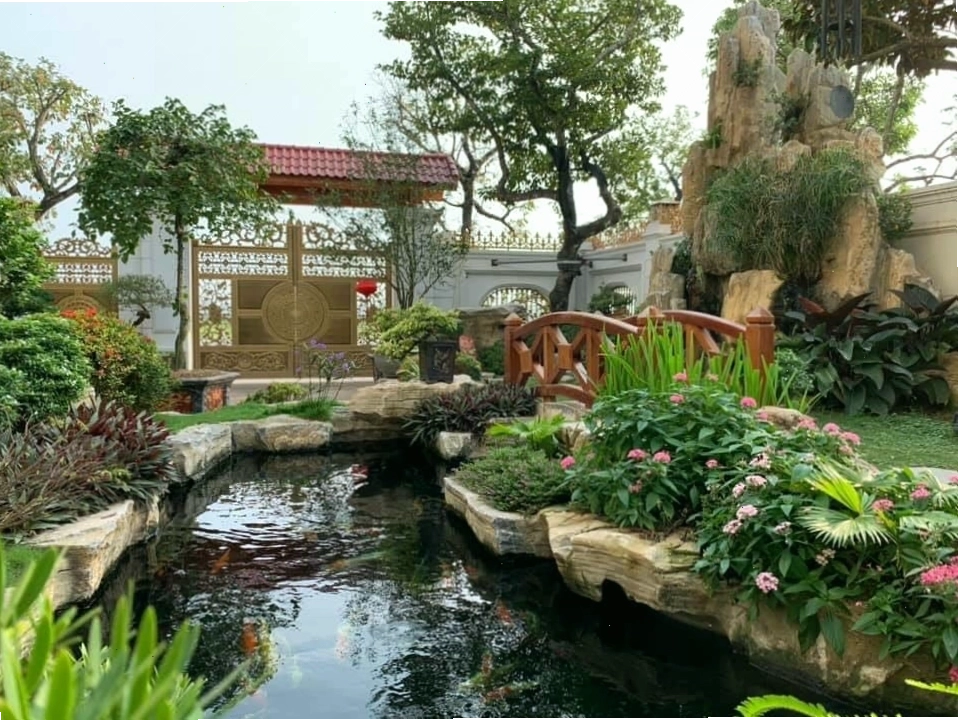Mẫu sân vườn hồ cá non bộ kết hợp tại biệt thự