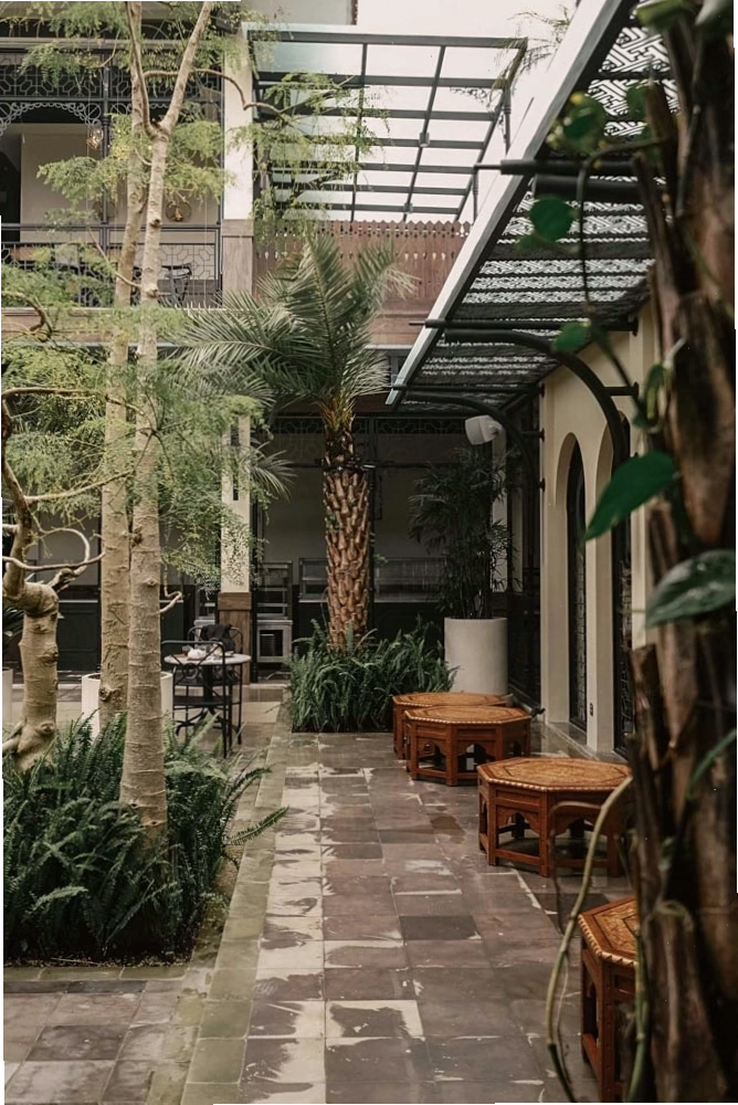 Mẫu thiết kế quán cafe sân vườn đơn giản nhưng tinh tế với cây xanh và nội thất gỗ
