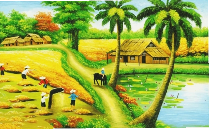Mẫu tranh in phong cảnh làng quê với con trâu và người nông dân