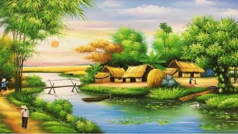 Mẫu tranh in về phong cảnh đẹp với đồi núi và bầu trời xanh