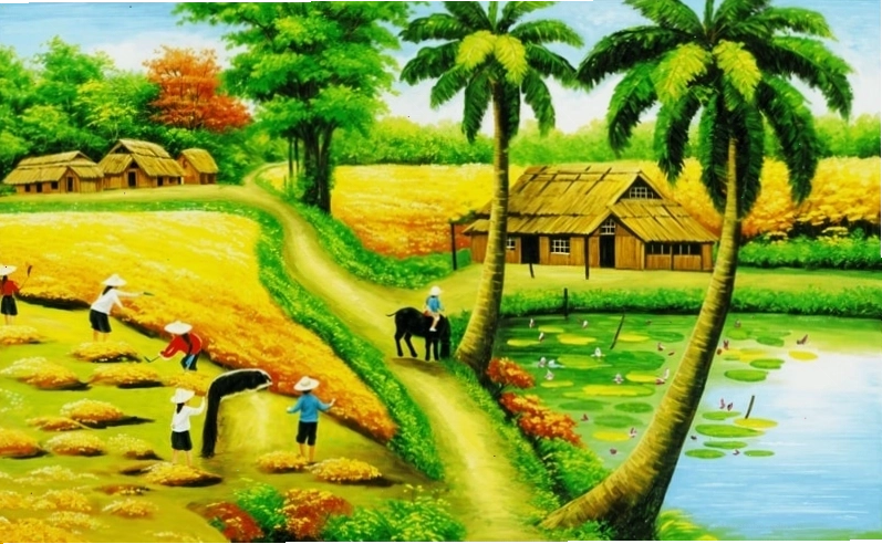 Mẫu tranh in về phong cảnh đẹp với sông nước và cây cầu