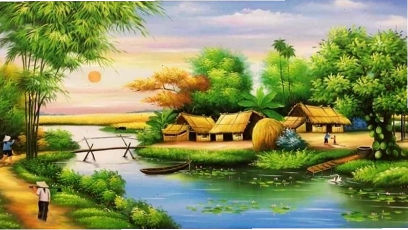 Mẫu tranh in về phong cảnh hồ nước yên ả với những đám mây trắng