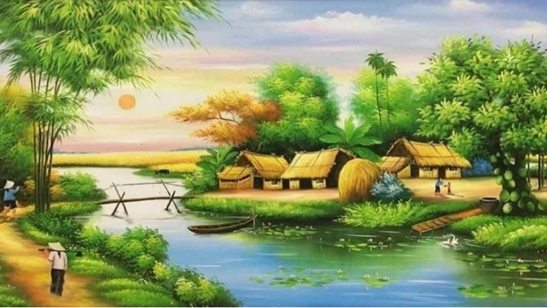 Mẫu tranh phong cảnh làng quê trong buổi sớm mai