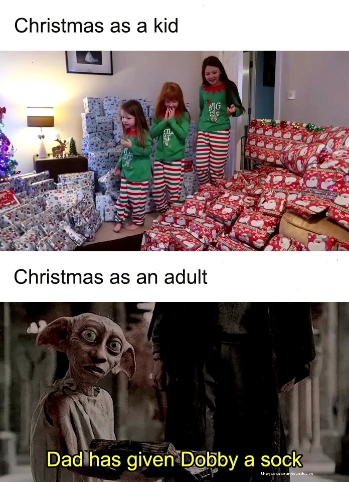 Meme Harry Potter so sánh sự phấn khích của trẻ em vào Giáng sinh với Dobby nhận được chiếc tất