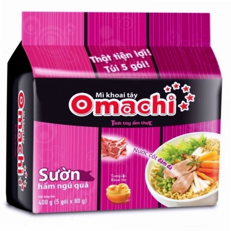 Một gói mì Omachi sườn hầm ngũ quả với hình ảnh minh họa hấp dẫn