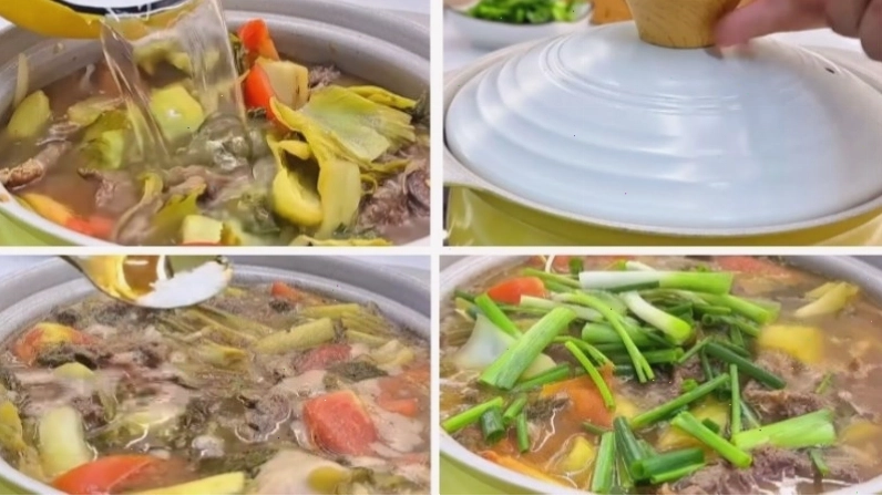 Nấu canh dưa chua thịt bò trên bếp