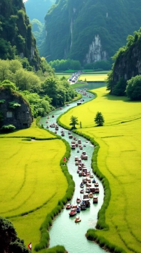 Ngôi làng yên bình giữa đồng cỏ xanh mướt rộng lớn, lý tưởng cho hình nền điện thoại thiên nhiên