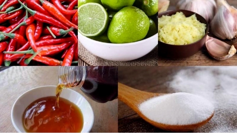 Nguyên liệu làm nước mắm chua ngọt gồm nước mắm, đường, chanh, tỏi, ớt
