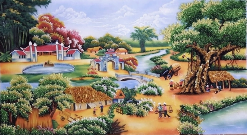 Những mẫu tranh dân gian về phong cảnh ngày Tết ở làng quê